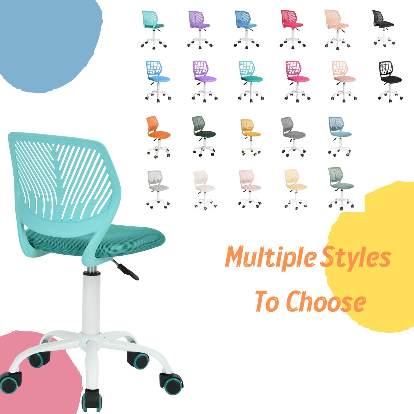 Homy Casa Desk Chair Adjustable Swivel Office Chair Fabric Seat Ergonomic Work Chair without Armrest Turquoise