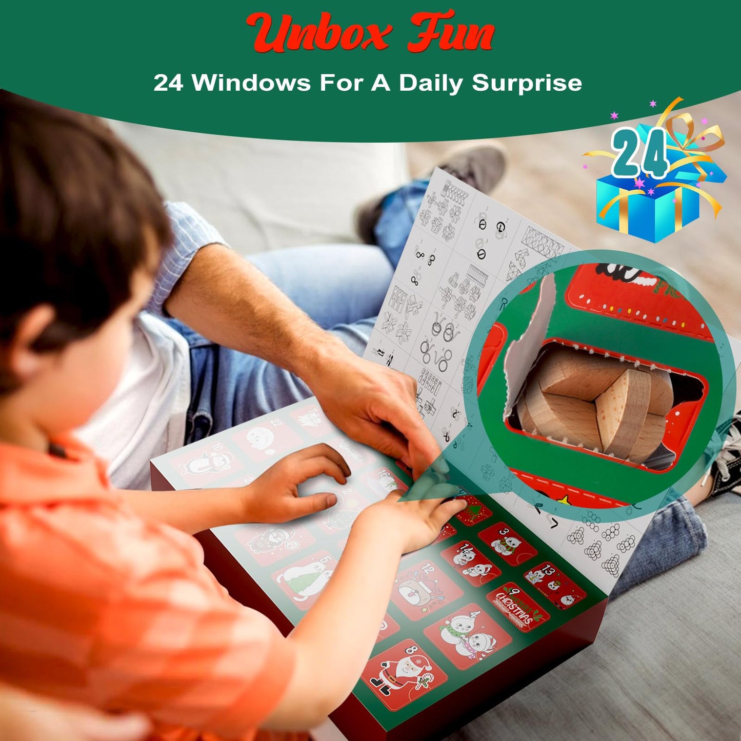 Brain teaser advent calendar 2025 for kids- 24 day Christmas calendar gifts with metal puzzles and wooden 3D puzzles, skill games for boys, girls, teens & adults.