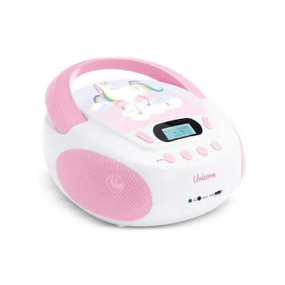 mooov 477407 CD player for kids with speakers, USB, headphone jack, AUX-IN port - Portable boombox CD player - Mains or battery operated - Unicorn design - Pink/white