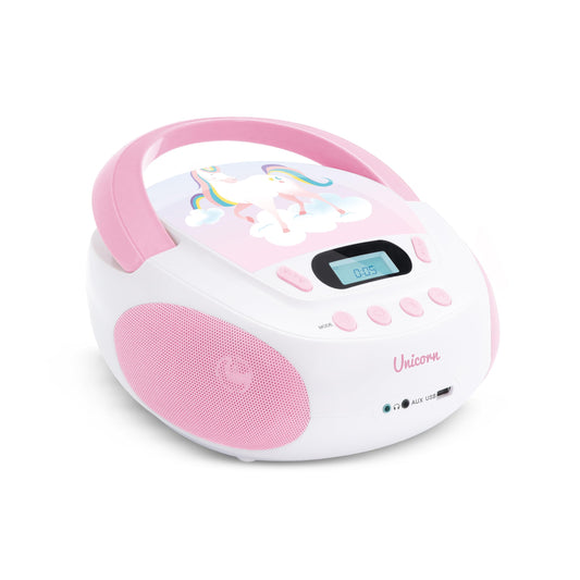 mooov 477407 CD player for kids with speakers, USB, headphone jack, AUX-IN port - Portable boombox CD player - Mains or battery operated - Unicorn design - Pink/white
