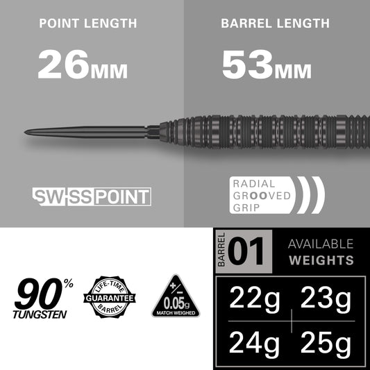 Target Darts Bolide Void 90% Tungsten Dart Set, Steel Tip Swiss Point Darts | Barrel 01, 25G | Professional Dart Sets, Black Darts, Swiss Point Tool Included