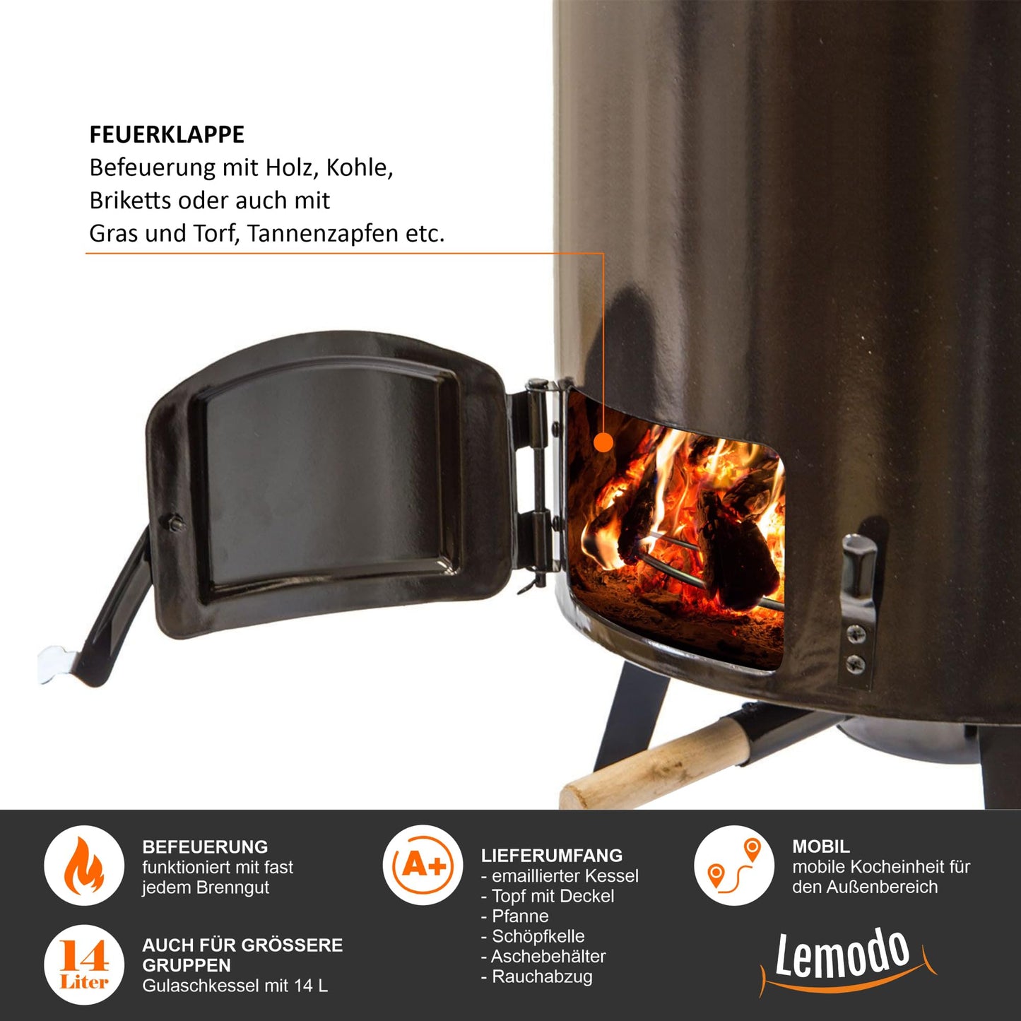 NATIVE Goulash cannon | Goulash kettle with 14 L | One-pot stove for cooking without electricity and gas | Rocket stove for crisis preparedness | Wood stove with extensive cooking accessories