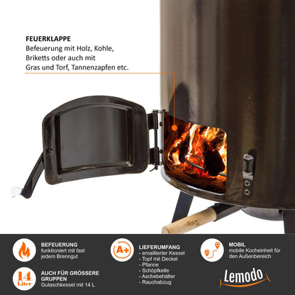 NATIVE Goulash cannon | Goulash kettle with 14 L | One-pot stove for cooking without electricity and gas | Rocket stove for crisis preparedness | Wood stove with extensive cooking accessories