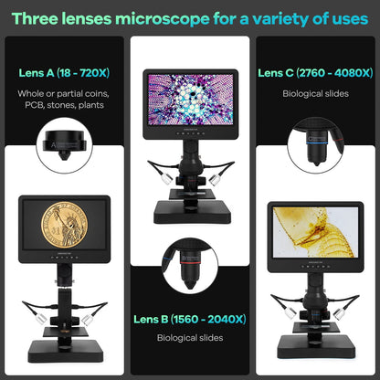 Andonstar AD249S-P 10.1 inch HDMI Digital Microscope, 4000 x 3 lens 2160P UHD video recording, biological microscope kit for adults, coin microscope for error coins