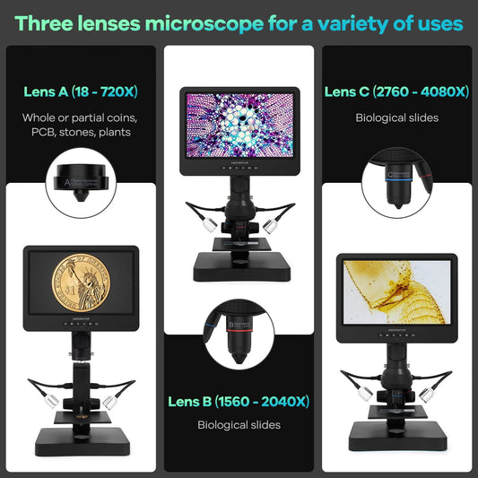 Andonstar AD249S-P 10.1 inch HDMI Digital Microscope, 4000 x 3 lens 2160P UHD video recording, biological microscope kit for adults, coin microscope for error coins