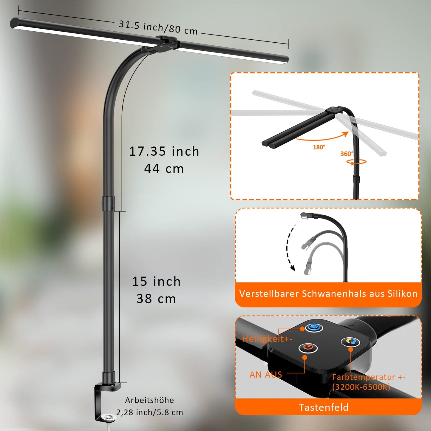 LOTTBUTY Double-headed Desk Lamp LED dimmable, 24W 80CM Home Office Daylight Desk Lamp, Swan Neck Office Table Lamp (Black, Clampable)