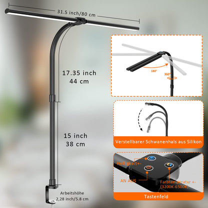 LOTTBUTY Double-headed Desk Lamp LED dimmable, 24W 80CM Home Office Daylight Desk Lamp, Swan Neck Office Table Lamp (Black, Clampable)