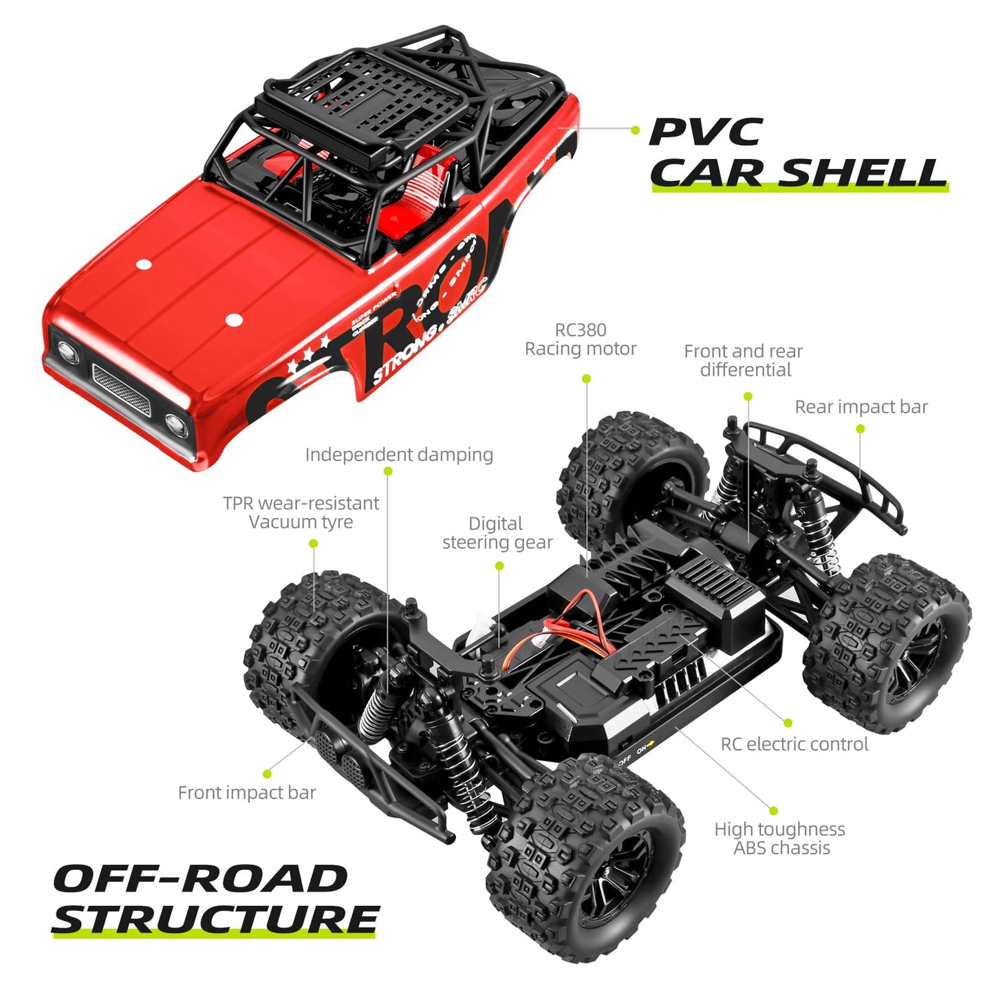 SupKonXi Remote Control Car, 1:18 RC, 40km/h Vehicle, 4WD Offroad Monster Truck, 2.4GHz All Terrain Crawler, 2 Batteries 60 Minutes, Gift for Kids and Teens, Red