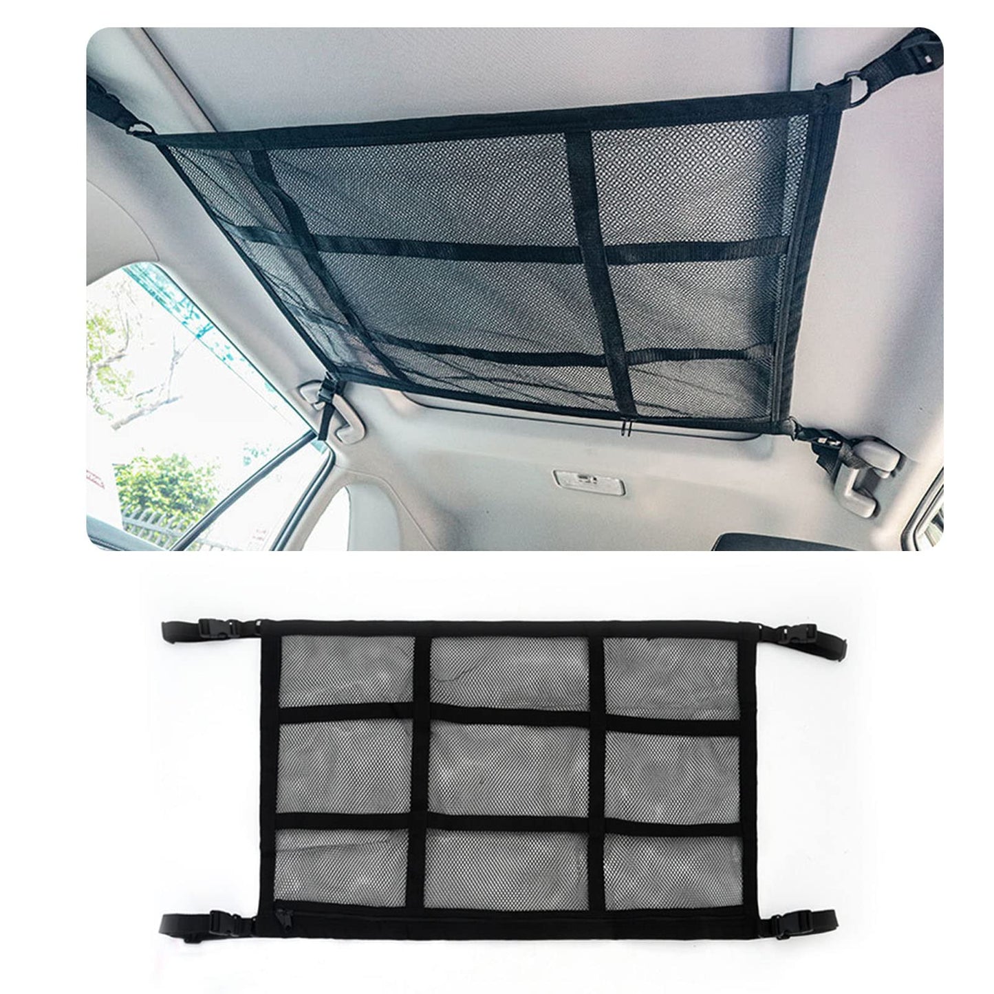 ViWaVee Car Roof Rack Net, double-layered car roof storage for blankets, car net organizer for four roof armrests, SUV, van. Great car camping accessory for long road trips. (90 x 65 cm)