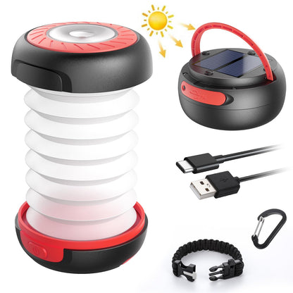 GlobaLink LED Camping Lantern Foldable Solar Camping Lantern Power Bank with 2 Charging Methods (Solar/USB) and 3 Light Modes for Camping, Fishing, Emergency - includes Survival Bracelet with Whistle (Red)