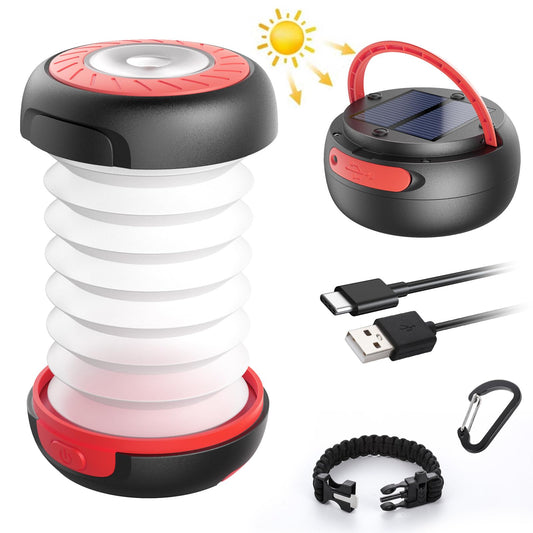 GlobaLink LED Camping Lantern Foldable Solar Camping Lantern Power Bank with 2 Charging Methods (Solar/USB) and 3 Light Modes for Camping, Fishing, Emergency - includes Survival Bracelet with Whistle (Red)