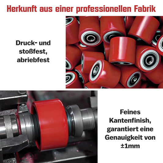 4 pieces of pallet truck wheels Polyurethane 80 x 70 mm, axle 20 mm incl. ball bearings. Wheels for pallet trucks replacement wheels, Max. load 600 KG.