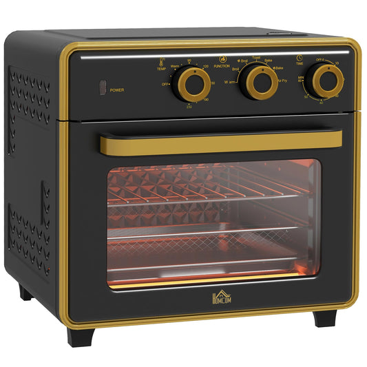 HOMCOM mini oven with convection 20L includes baking tray, grill rack, and crumb tray. Temperature range from 90°C to 230°C, 5 modes, fry basket, 60 min. timer, 1400W, metal construction.