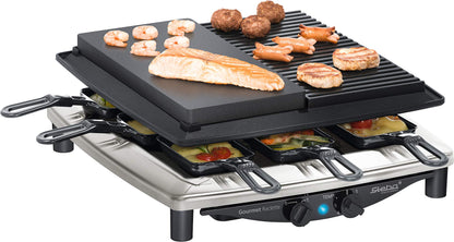 Steba Premium Raclette RC 4 Plus Deluxe Chrome | Made IN Germany | Non-stick die-cast grill plate | Natural stone grill plate, cut and scratch resistant | Includes reversible cast pan with smooth surface.