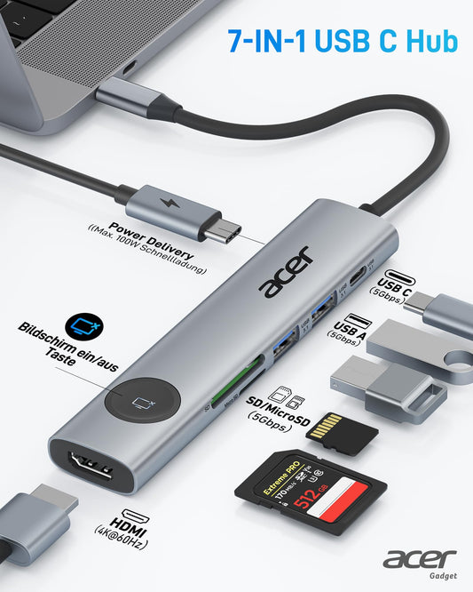 Acer USB C Hub, 4K@60Hz Adapter with HDMI, PD 100W, 2x USB 3.0, data port, card reader, and screen control - 7 in 1 docking station for MacBook Pro/Air, Surface, iPhone 16 Pro.