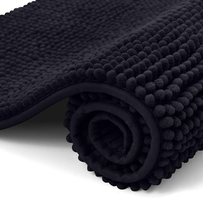 OLANLY Chenille Bath Mat Non-Slip Bathroom Mat Soft Bath Rug Absorbent Bath Mat Washable Shower Mat for Bathroom, 50 x 80 cm, Black