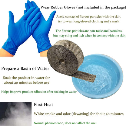 Arespark heat shield tape 15M, exhaust heat shield tape made of basalt fiber, golden exhaust tape with 12 stainless steel cable ties, for motorcycle and car exhaust headers.