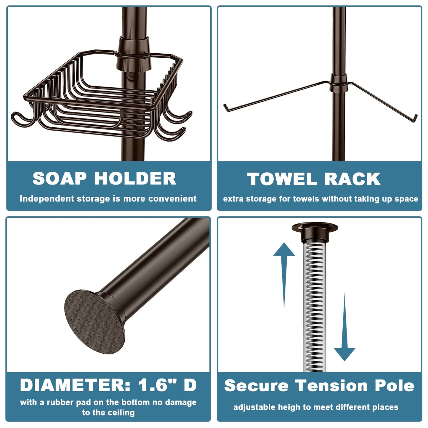 Bomclap 5-level telescopic shower shelf, metal corner shelf with towel holder, shower caddy without drilling with towel bar, shower corner for 137-290 cm height.