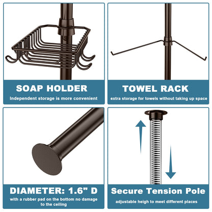 Bomclap 5-level telescopic shower shelf, metal corner shelf with towel holder, shower caddy without drilling with towel bar, shower corner for 137-290 cm height.