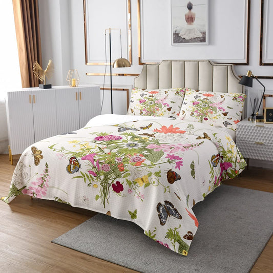 Homewish Floral Quilted Bedspread 240x260 Colorful Butterfly for Girls Women Teens Botanical Flower Decor Bedding Set Pastoral Rustic Style Quilt Set with 2 Pillow Shams