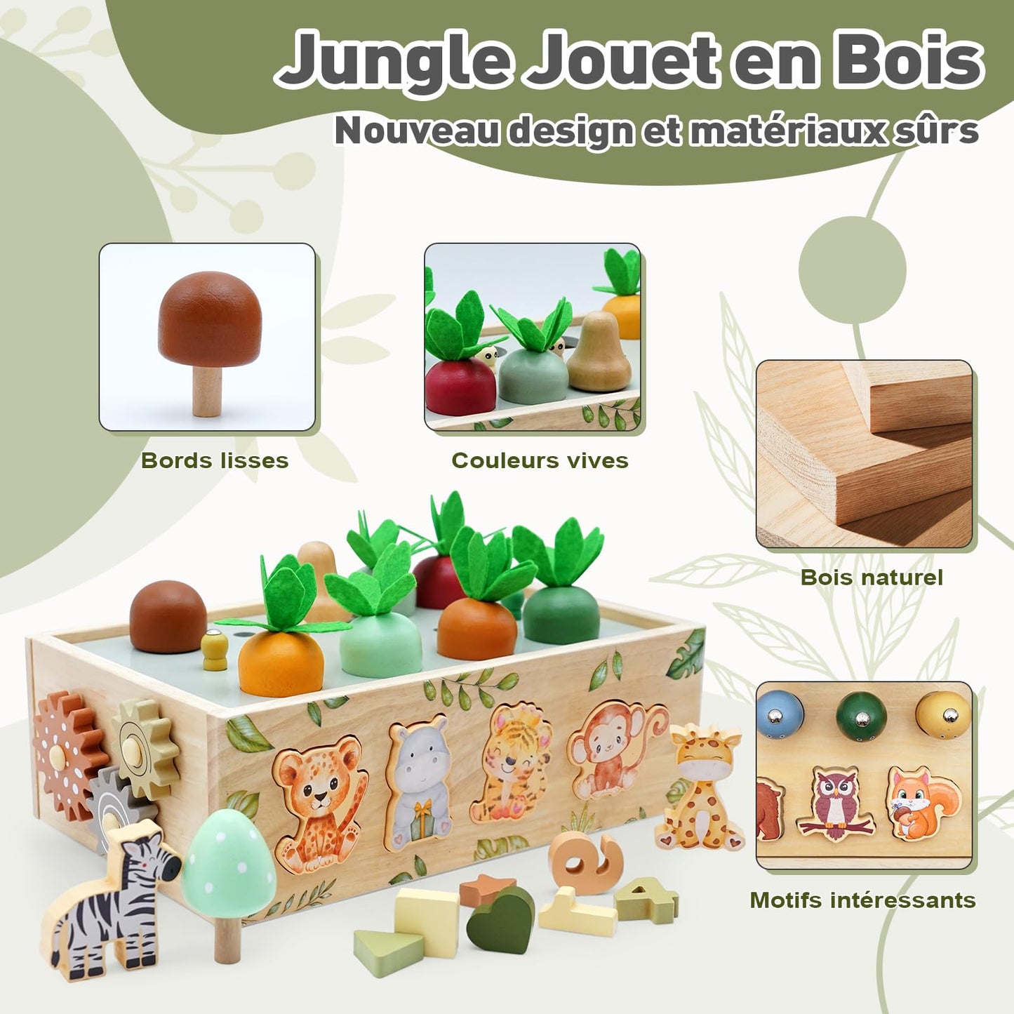 Montessori toy for 1 year and up, wooden activity cube with 9 functions, safari themed motor skills toy for 1, 2, and 3 year olds. Perfect gift for baby girls and boys aged 1-4 years.