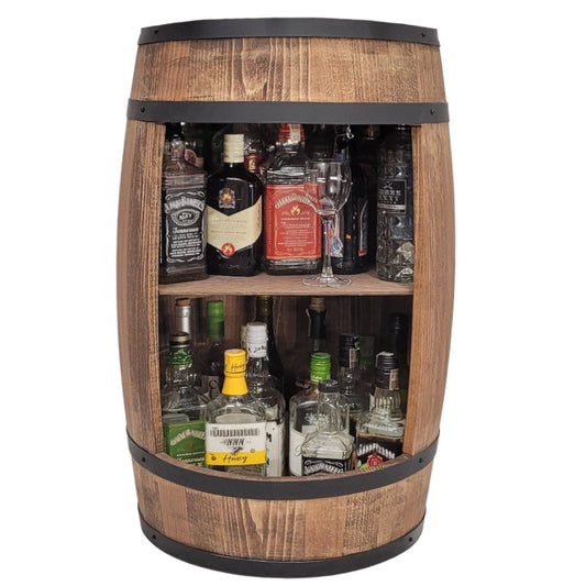 weeco wooden wine barrel bar in brown. Stylish home bar with exclusive wine barrel shelf. Height 80x50cm - Manufacturer. Vintage decorative bar furniture. Wine, whisky, beer, gin rack.