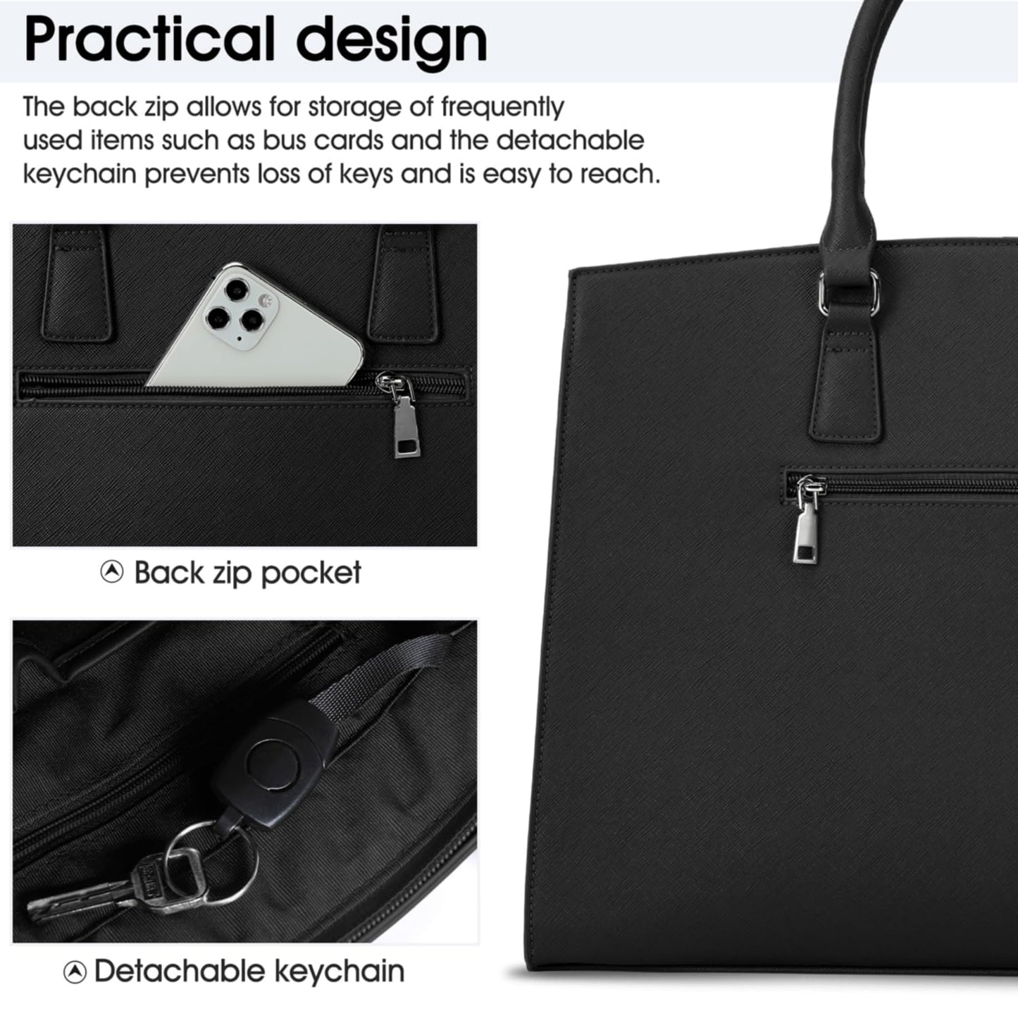 IGOLUMON women's handbag shopper large black laptop bag 15.6 inch PU leather shoulder bag waterproof for business office work teacher bag school
