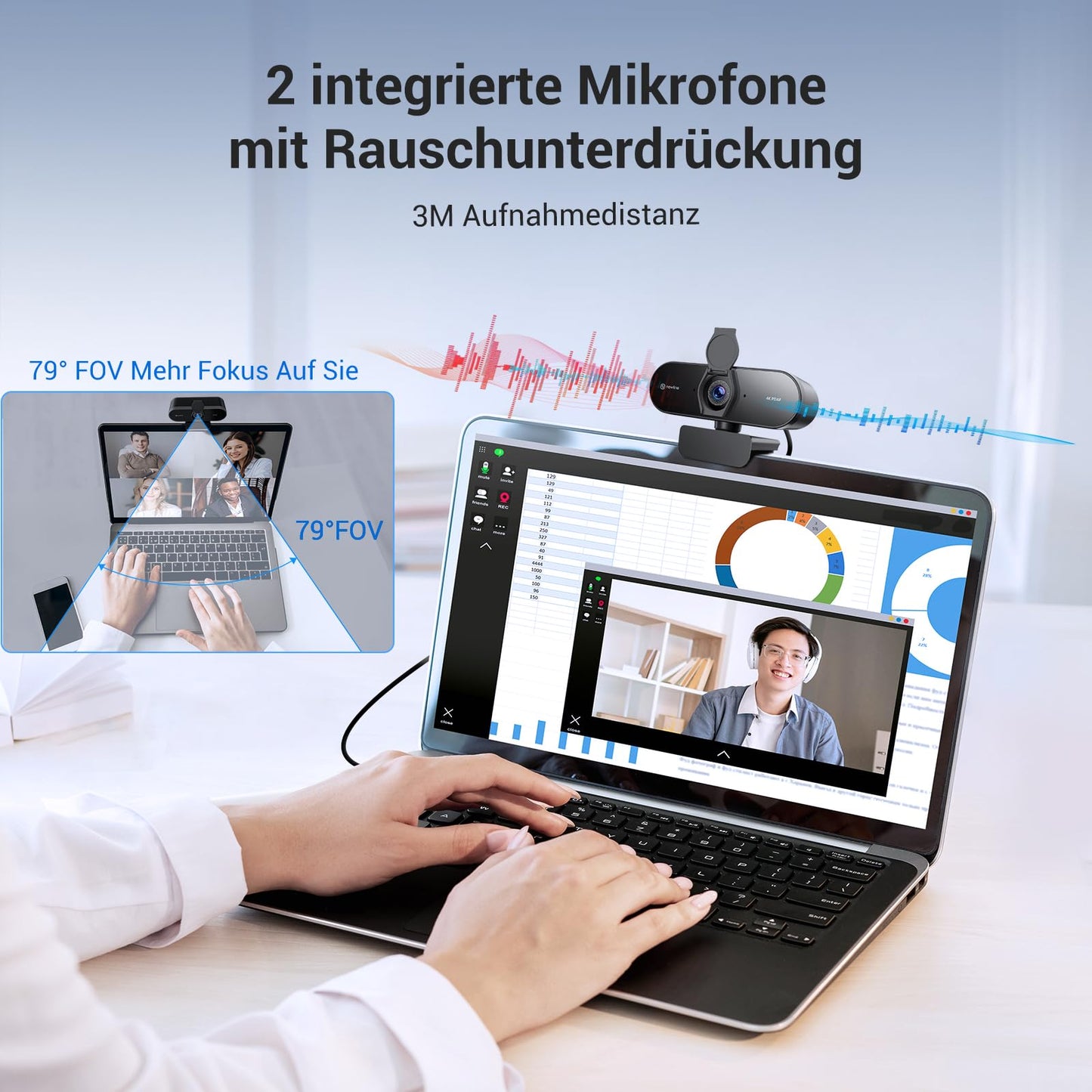 N newline 4k webcam with 2 microphones, 12 megapixels, instant dual PDAF/CDAF autofocus, 1080p@60FPS, clear stereo sound, automatic light correction, USB PC camera for Windows MacOS streaming.