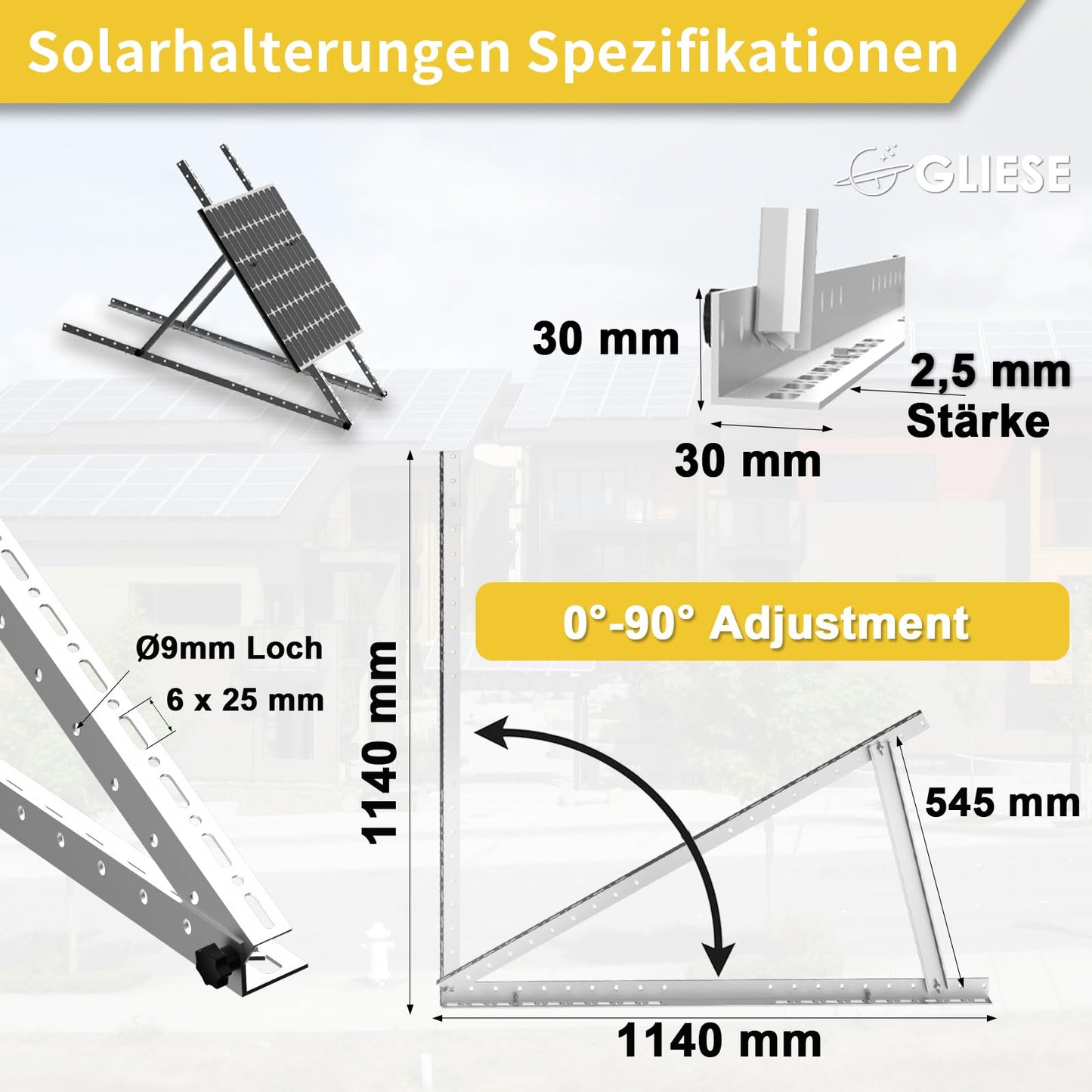 2 sets GLIESE balcony solar mounting brackets 114 cm, aluminum solar module mounting, solar panel mounting, PV module mounting, suitable for flat roofs, balconies, walls, etc.