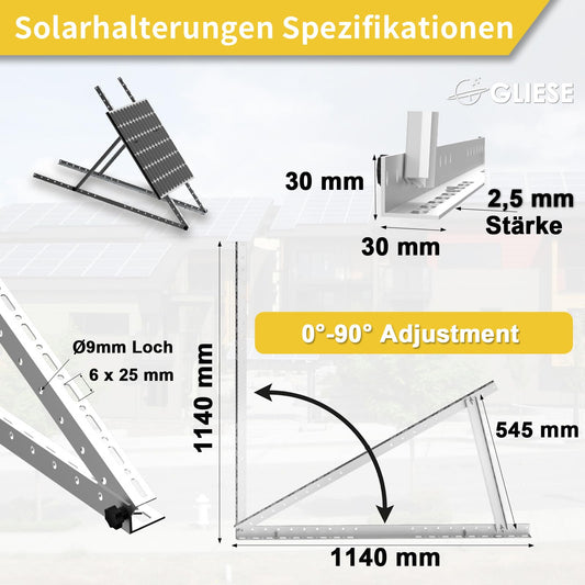 2 sets GLIESE balcony solar mounting brackets 114 cm, aluminum solar module mounting, solar panel mounting, PV module mounting, suitable for flat roofs, balconies, walls, etc.