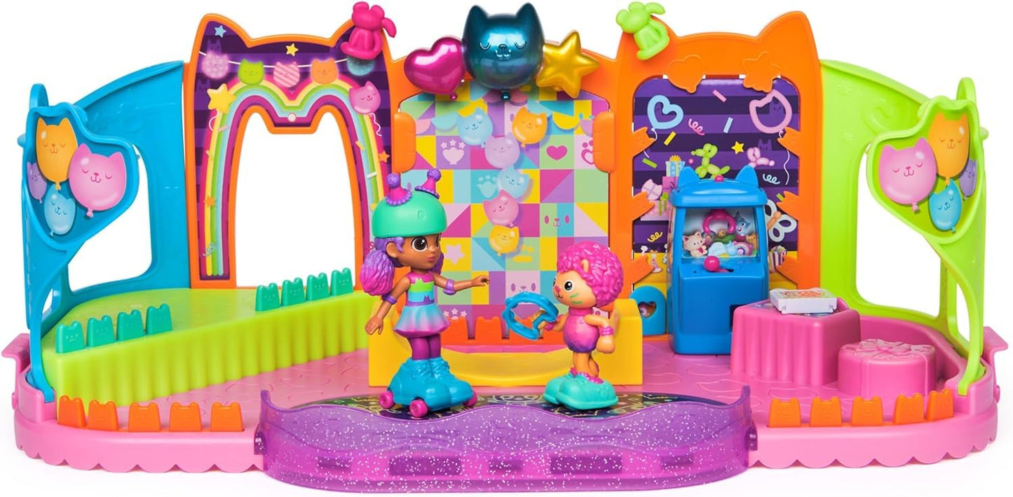 Gabby's Dollhouse, Party Room Playset, Skate Park Attic Room with Gabby and Marty figure, furniture, and accessories, for ages 3 and up.
