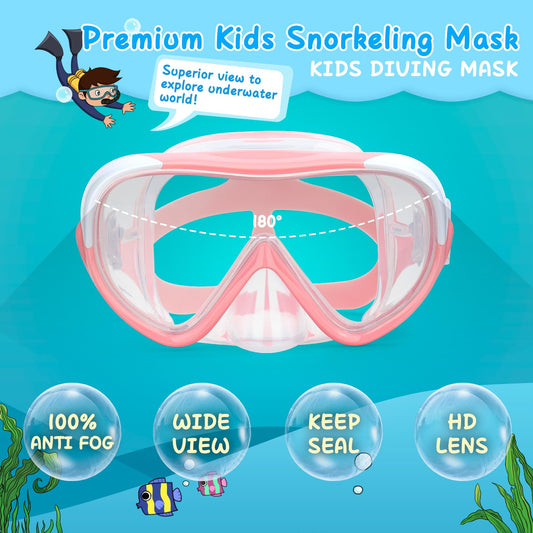 Kids Snorkel Mask, Kids Swim Mask 180° Anti-Fog Diving Mask, Kids Swimming Goggles with Nose Cover Leakproof Swim Goggle Anti-Shattered Lens for Teens 4-15 (Pale Pink)