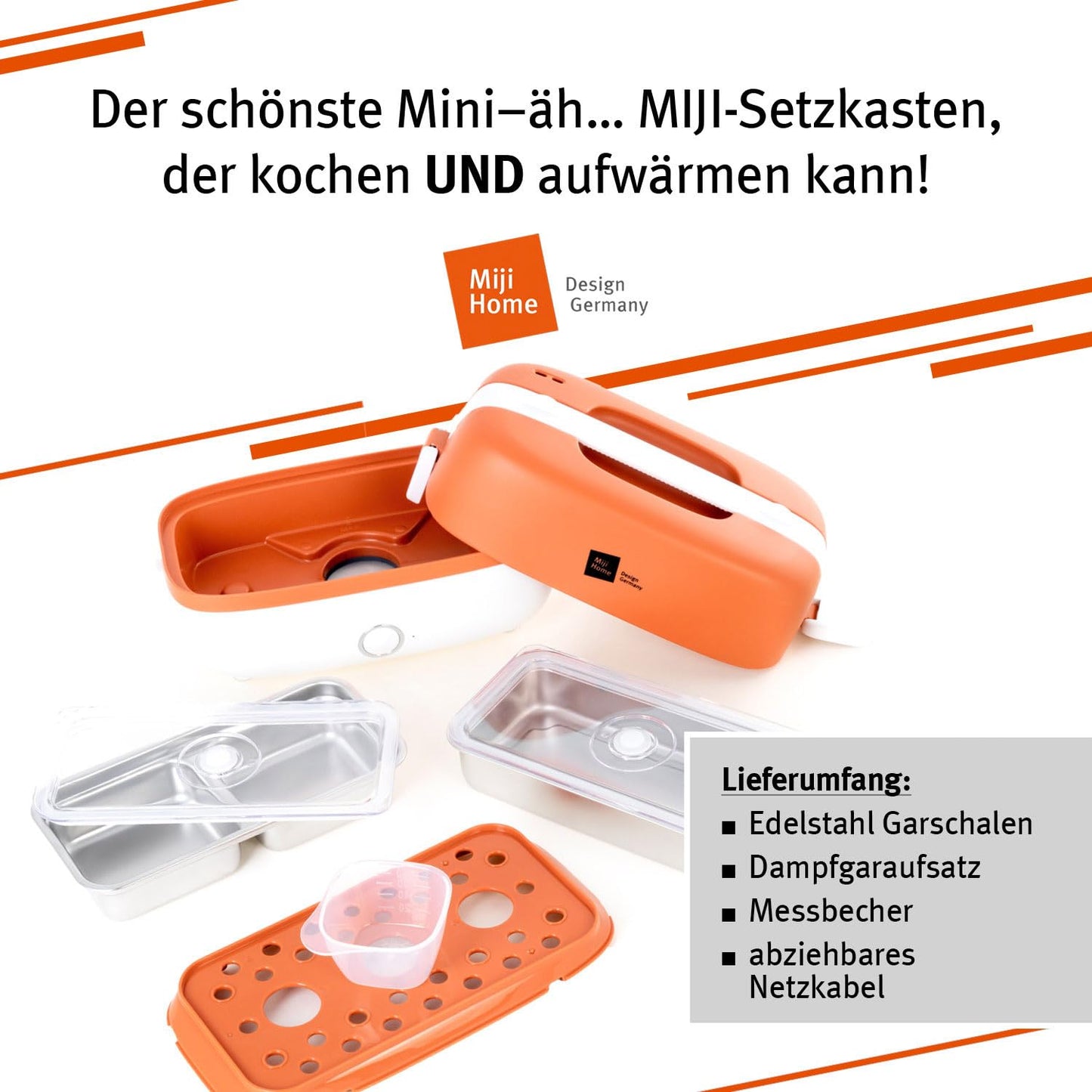Miji Electric Lunchbox & Mini Camping Cooker 1L | 250W Steamer - quiet, odorless & compact for 1-2 servings