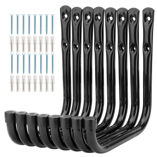 pipabiba 8pcs Garage Ladder Hooks, 17cm, durable, wall mount, hanger for bike, ladder, folding chairs, and bulky items (17cm x 17cm), Black
