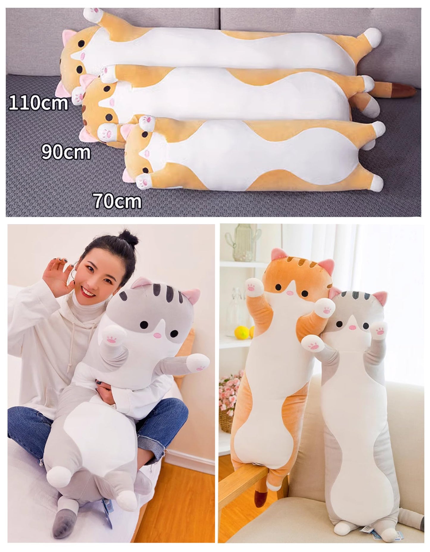 Bobomon Cat Plush Toy Stuffed Animal Cat Long Pillow Giant XXL Kawaii Large Plush Toy Plush Cat Cute Side Sleeper Pillow Cat Plushie (pink 130cm)