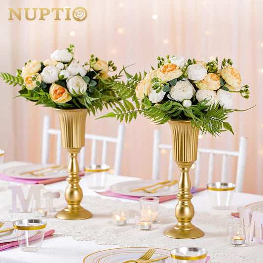 Nuptio 10 Piece Blooming Metal Trumpet Vase Elegant Vase with Centerpieces for Wedding Celebrations, 31.9cm High, Artificial Flower Arrangements for The Anniversary Party Gold