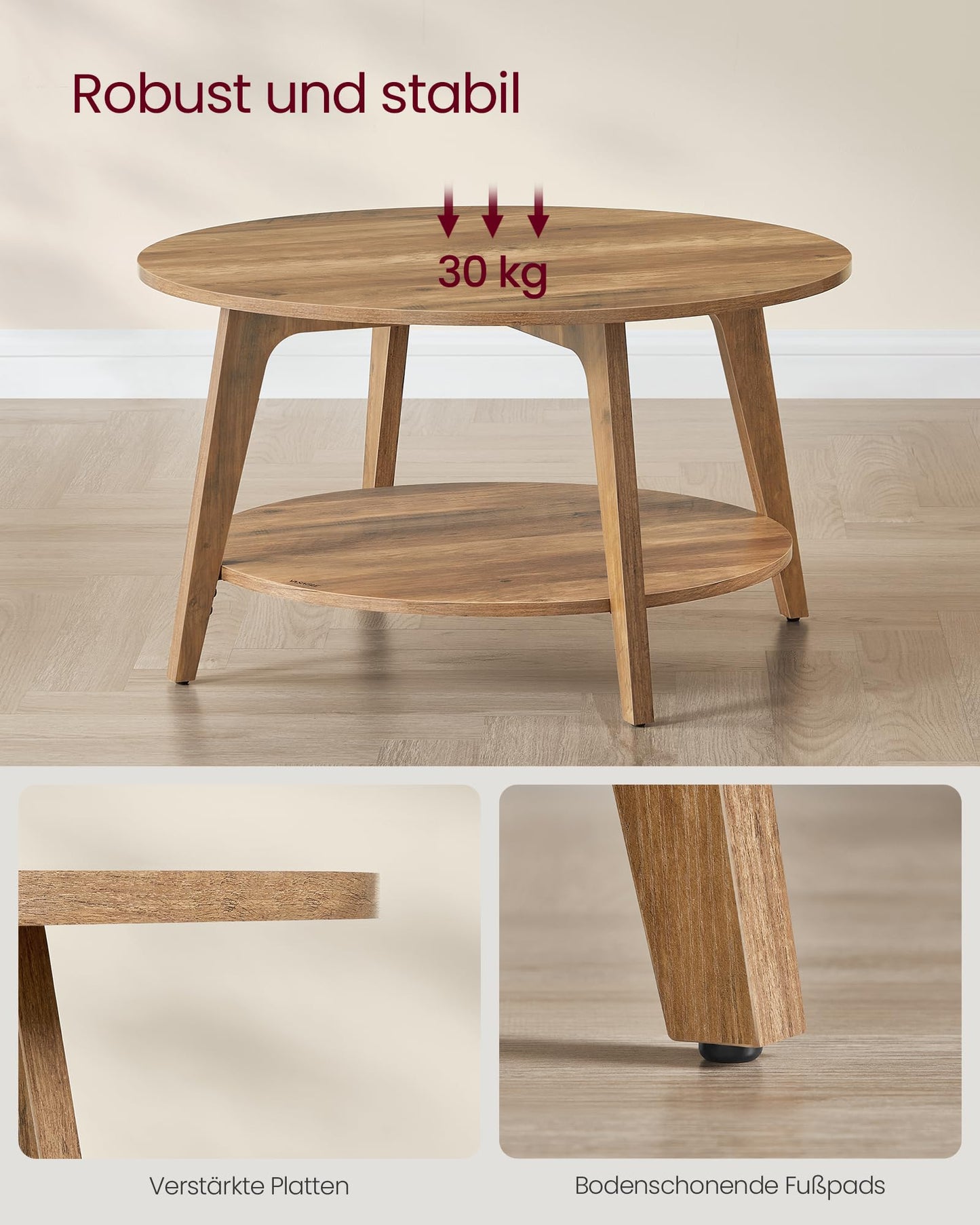 VASAGLE round coffee table, living room table with 2 levels, 80 cm diameter, 45 cm height, easy to assemble, honey brown LCT243K41