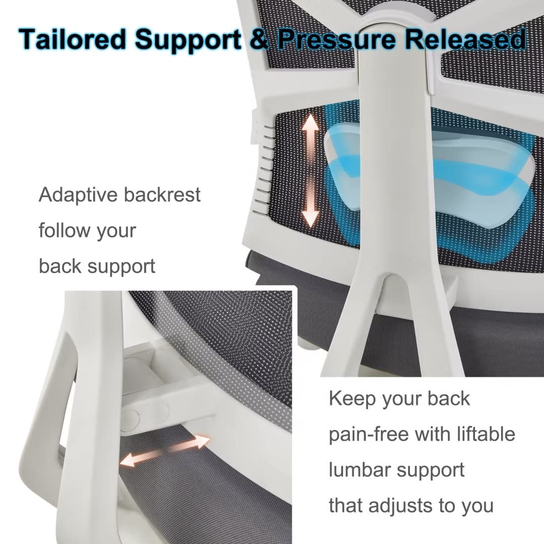 HOLLUDLE ergonomic office chair with adaptive backrest, desk chair with 4D armrests, adjustable seat depth, lumbar support, and 2D headrest, breathable mesh executive chair, White