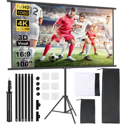 Will Canvas Projector Screen With Stand 100 Inch, 16:9 HD Retractable, Portable Projector for Home Theater, Office, School, Presentation