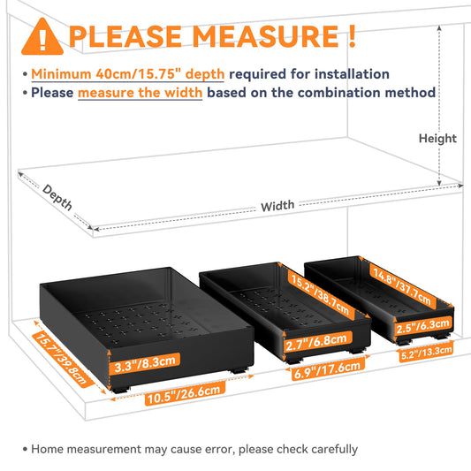 SOLEDI Telescopic Drawer Adhesive, Pull-Out Kitchen Drawer 3-Pack, Expandable Kitchen Cabinet Organizer, No Drilling or Nailing Required (Black)