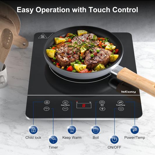IsEasy Induction Cooktop 1 Plate, Single Induction Hot Plate 2100W, 9 Power Levels, 9 Temperature Settings, 28cm Induction Cooktop with 8-Hour Timer, Child Lock, Black, 220-240V.
