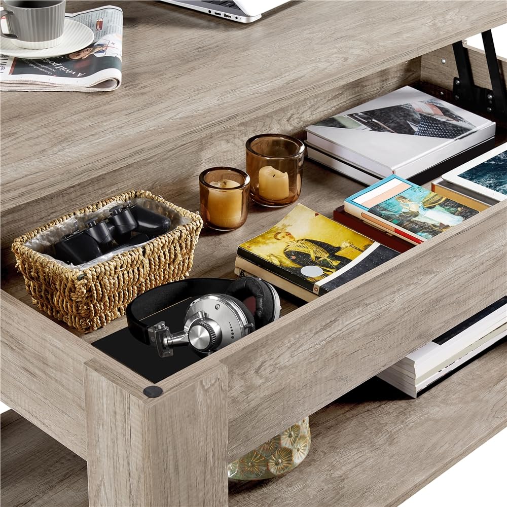 Yaheetech Coffee Table Height Adjustable Sofa Table with Storage Shelves Metal Frame Side Table for Living Room, Gray