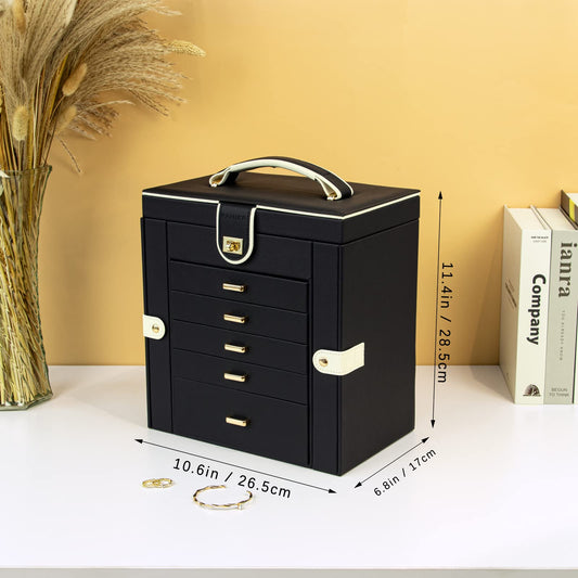 KAMIER 6-tier jewelry box made of high-quality natural wood with luxurious flannel and large mirror - Spacious jewelry case with side-opening doors for rings, earrings, & bracelets, Black