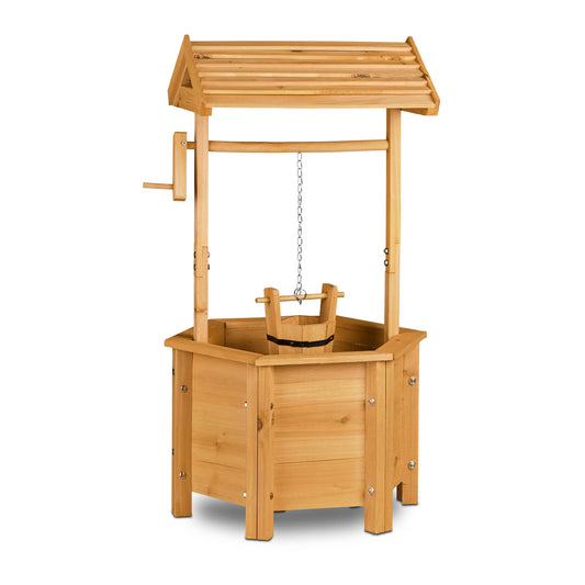 Relaxdays decorative fountain for garden made of wood, with rolling bucket design, dimensions HxWxD: 82 x 47 x 41 cm, ornamental fountain, garden decoration, wooden fountain, natural.