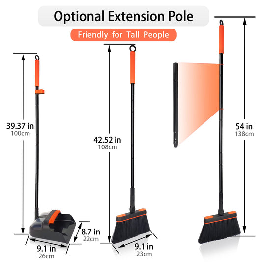 JEHONN Broom and Dustpan Set with Long Handle, 180° Rotatable Sweeper and Dustpan Combo for Home, Office, Lobby Cleaning