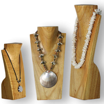 ART-CRAFT wooden necklace stand set of 3, natural wood jewelry display bust in sizes 20-30 - 40cm.