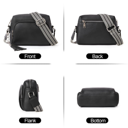 CLUCI Women's Crossbody Bag with Wide Strap, PU Leather Shoulder Bag with Fringe, Adjustable Shoulder Strap, Small Handbag in Black