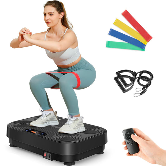 The THERUN vibration plate is a home sports vibrating plate with 1-99 different vibration intensities. It is perfect for muscle building, fat loss, and full body training. Comes with 4 fitness bands in black.