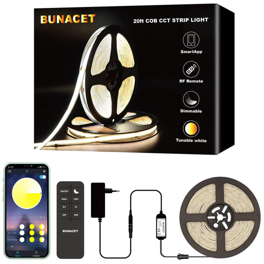 COB LED strip 6m 24V dimmable white, BUNACET LED bar band stripes light strip warm white 3000K-6500K cool white 3456 LEDs, with power supply RF remote control & APP Bluetooth for kitchen bedroom decoration