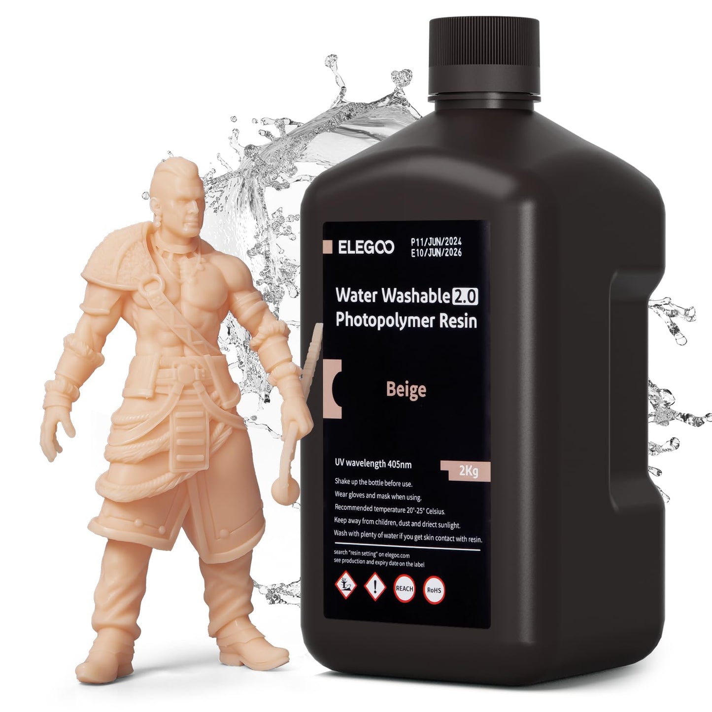 ELEGOO Resin Water Washable 2.0 2000g Beige, Low Shrinkage and High Durability 395-405 nm Fast Curing 3D Printer Water Washable Resin for MSLA/LCD/DLP Resin 3D Printers